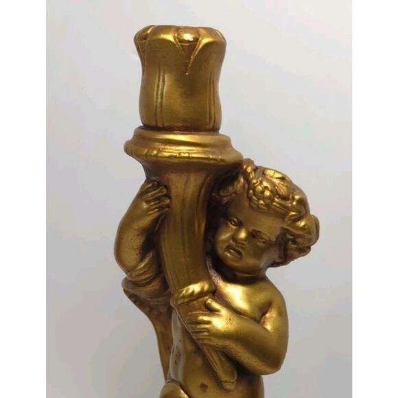 Set Of 2 VTG Gold Cherub Candleholder Candle Stick Chalk ware 13” - Picture 4 of 12